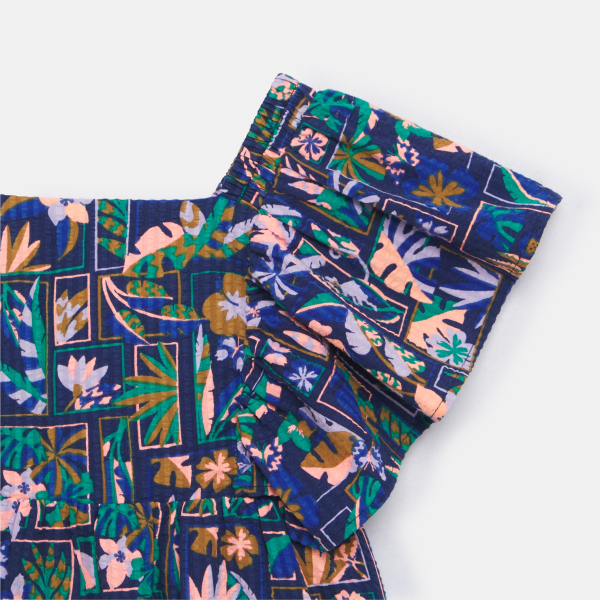 فستان بناتي أزرق مطبوع بأكمام قصيرة مكشكشة